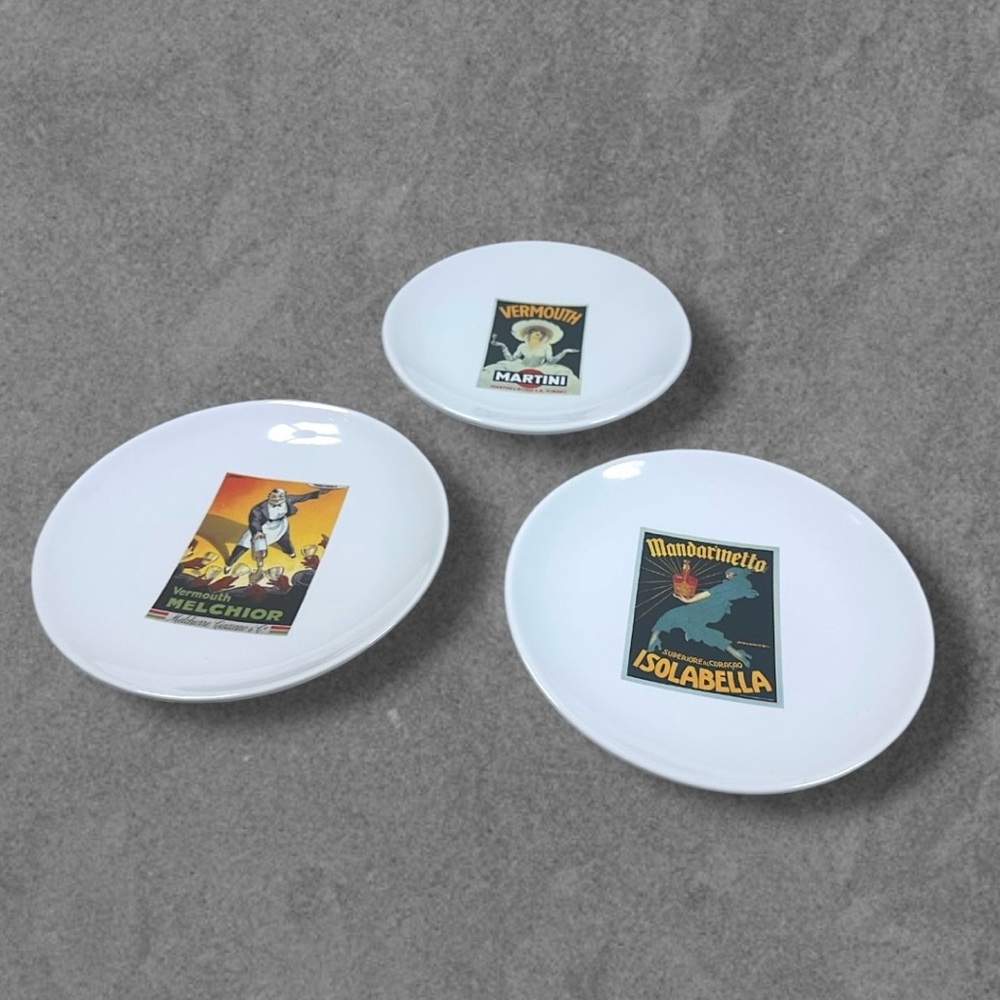 Pottery Barn “Vintage Posters/ Cocktail” Collection 3pc Cocktail Plate Set